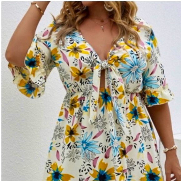 Snein Curve Dresses & Skirts - Shrink Curve Sexy Floral, Tie Front, Ruffles Around Sleeves and Hem, Mini Dress